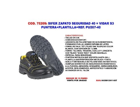 Sifer zapato seguridad 40 vidar s3 puntera+plantilla pu207-40