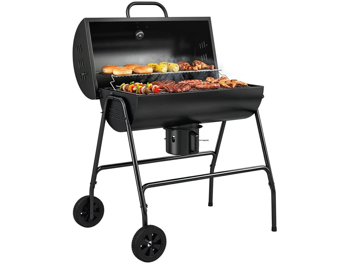 Barbacoa De Carbón Metálica Con Tapa, Termómetro, Ruedas Y Carrito, 95 X 71,5 X 102 Cm, Color Negro.