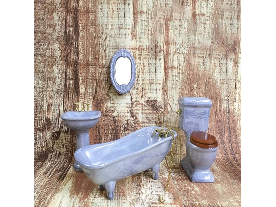 Juego De Baño En Miniatura Para Casa De Muñecas, 4 Piezas, Accesorios De Baño, Escala 1:12, Gris Y Azul.