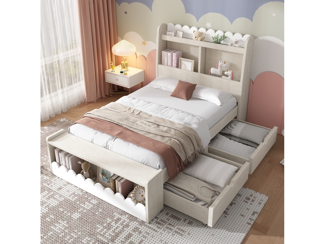 Cama Infantil De 90x200 Cm Con Cajones, Blanca.