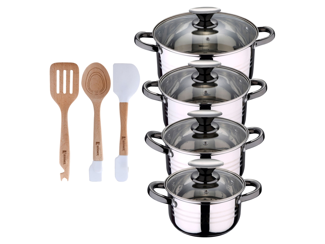 Batería De Cocina Ø16ø18ø20ø24 Cm De Acero Inoxidable Dina San Ignacio (8 Piezas) Con Delantal