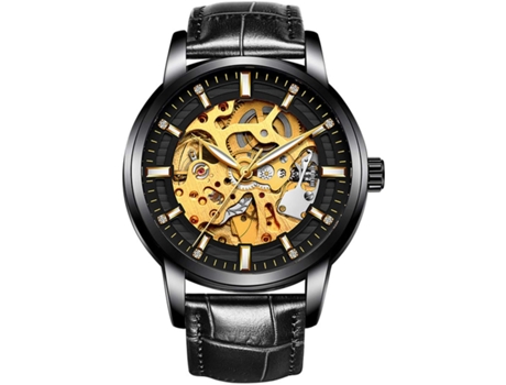VENAXIN Relojes deportivos automáticos de cuero con esqueleto hueco para hombre-Totalmente negro VEANXIN