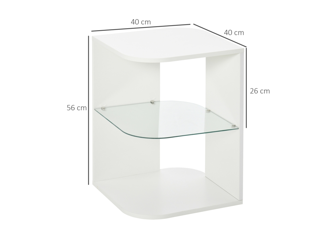 VPMKP - Homcom mesita auxiliar salón moderna/noche 3 estantes tablero de cristal café, 40x40x56 cm, blanca