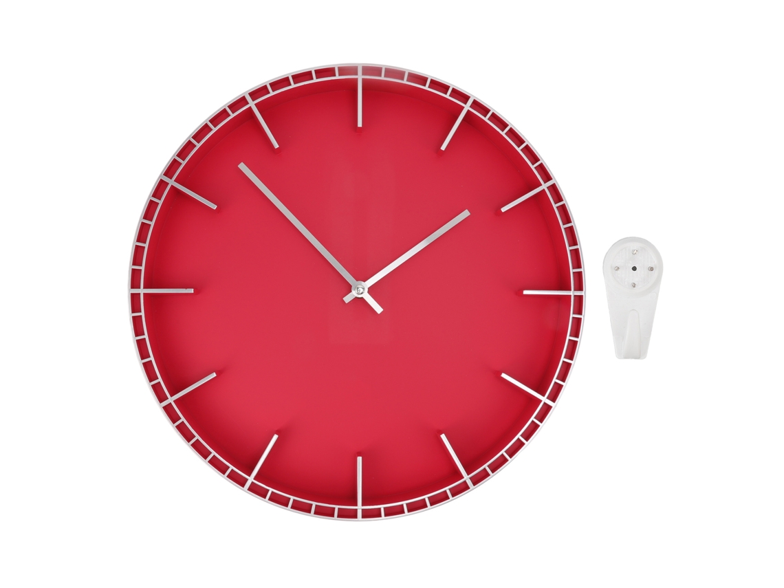 Reloj de pared decorativo redondo y silencioso de Baok-Modern para el hogar, la oficina, la cocina y el dormitorio, color plata con detalles rojos, modelo 5686, 37,7 x 3 cm.