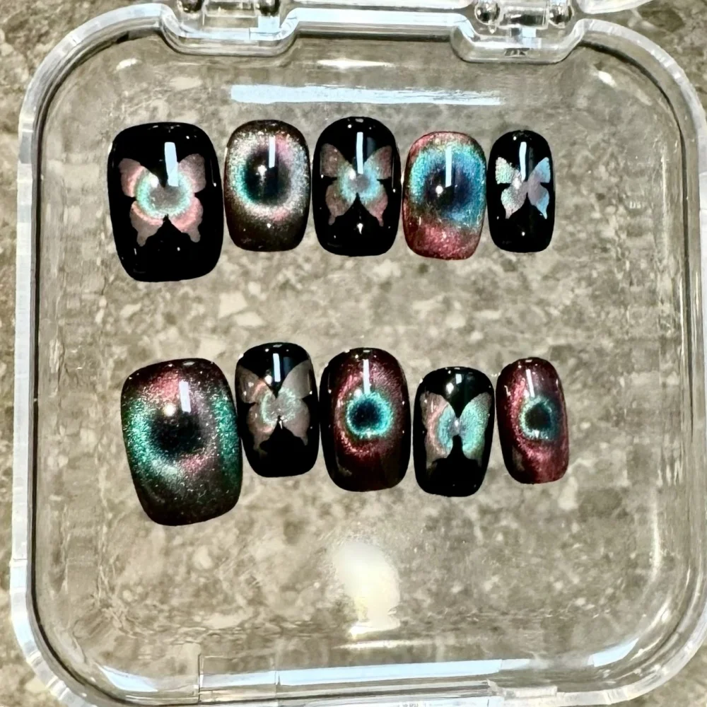 (673-m) 10 Uñas Postizas Rectangulares Cortas Hechas A Mano, Uñas Postizas Redondas Estilo Ojo De Gato