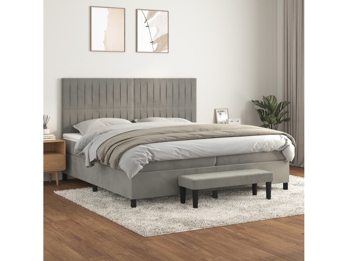 Cama Box Spring Con Colchón Terciopelo Gris Claro 200x200 Cm