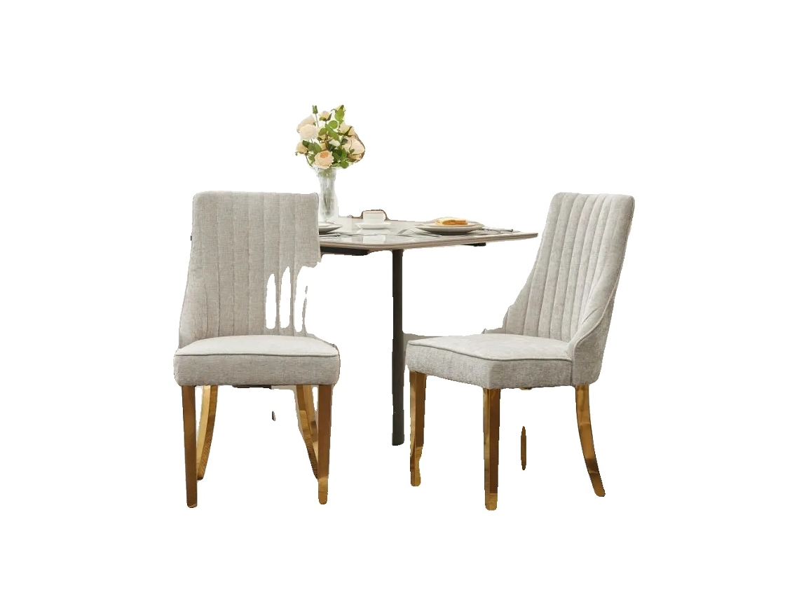 Silla de comedor, moderna, tapizada en chenilla, patas de acero inoxidable, color beige claro.