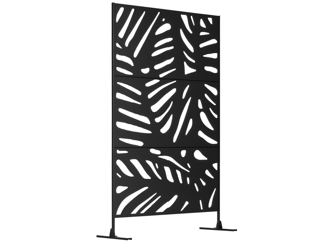 Mampara de privacidad exterior decorativa de metal negro con motivo vegetal - 122 x 45 x 198 cm