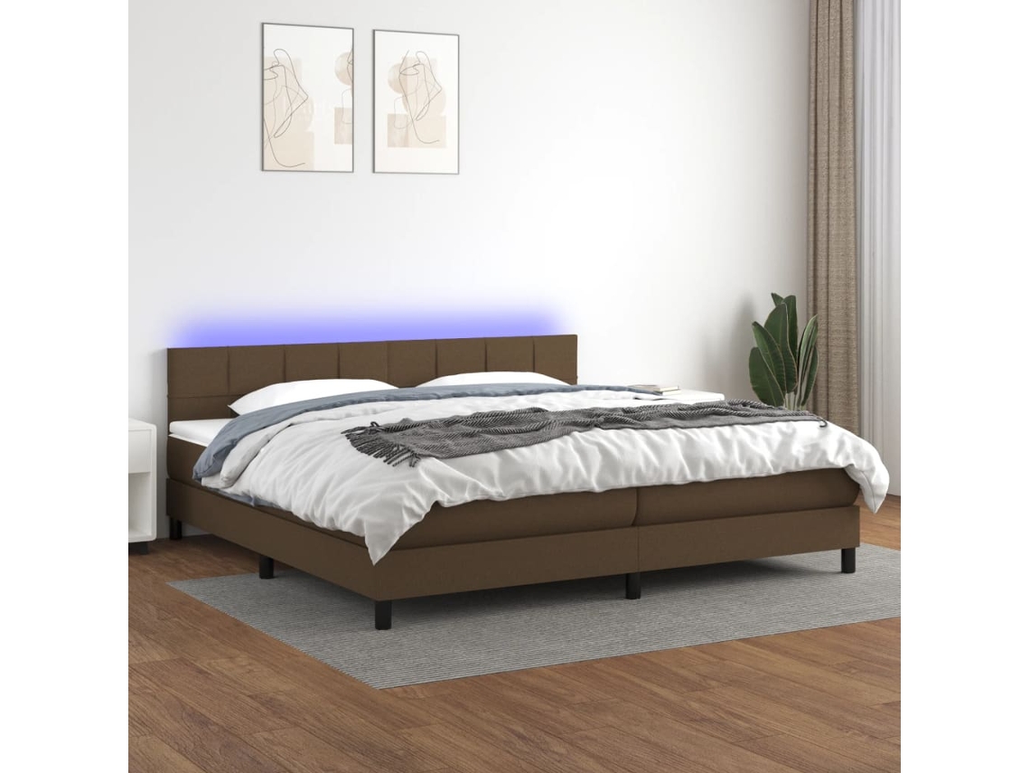 Cama Box Spring Colchón Luces Led Tela Marrón Oscuro 200x200 Cm