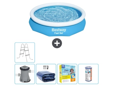 Piscina hinchable redonda Fast Set BESTWAY - 305 x 66 cm - Azul - Bomba incluida Vela solar - Paquete de mantenimiento - Filtrar - Escalera