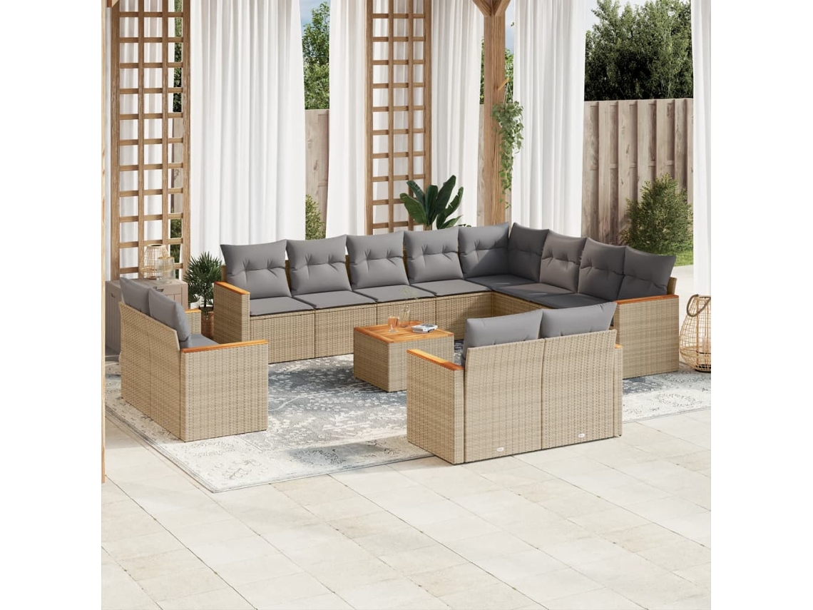 Conjunto de sofá de jardín de 13 piezas con cojines, mimbre sintético beige, Dkd Home Decor