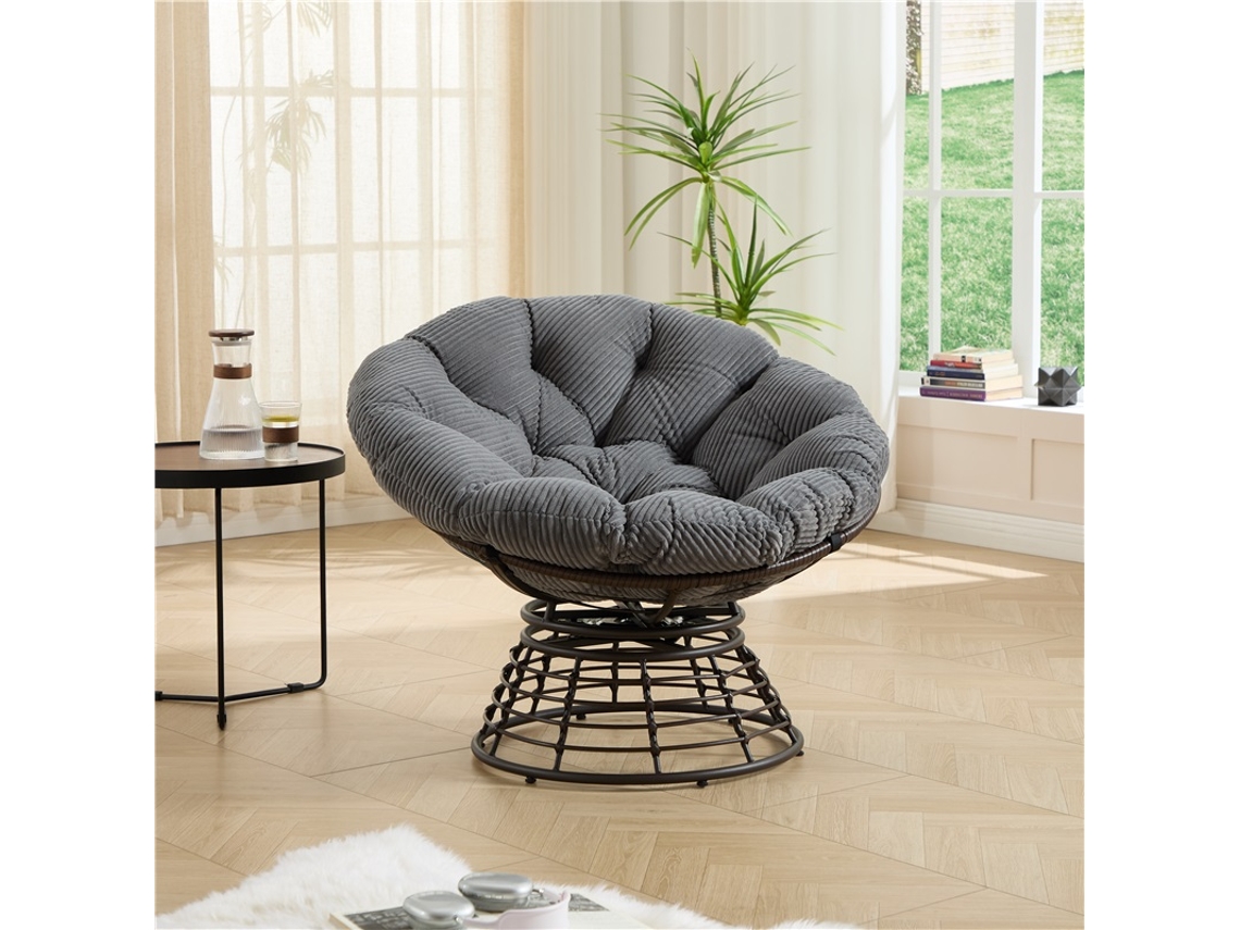 Silla Papasan De Mimbre Con Estructura De Pana Gris Y Marrón De 360°