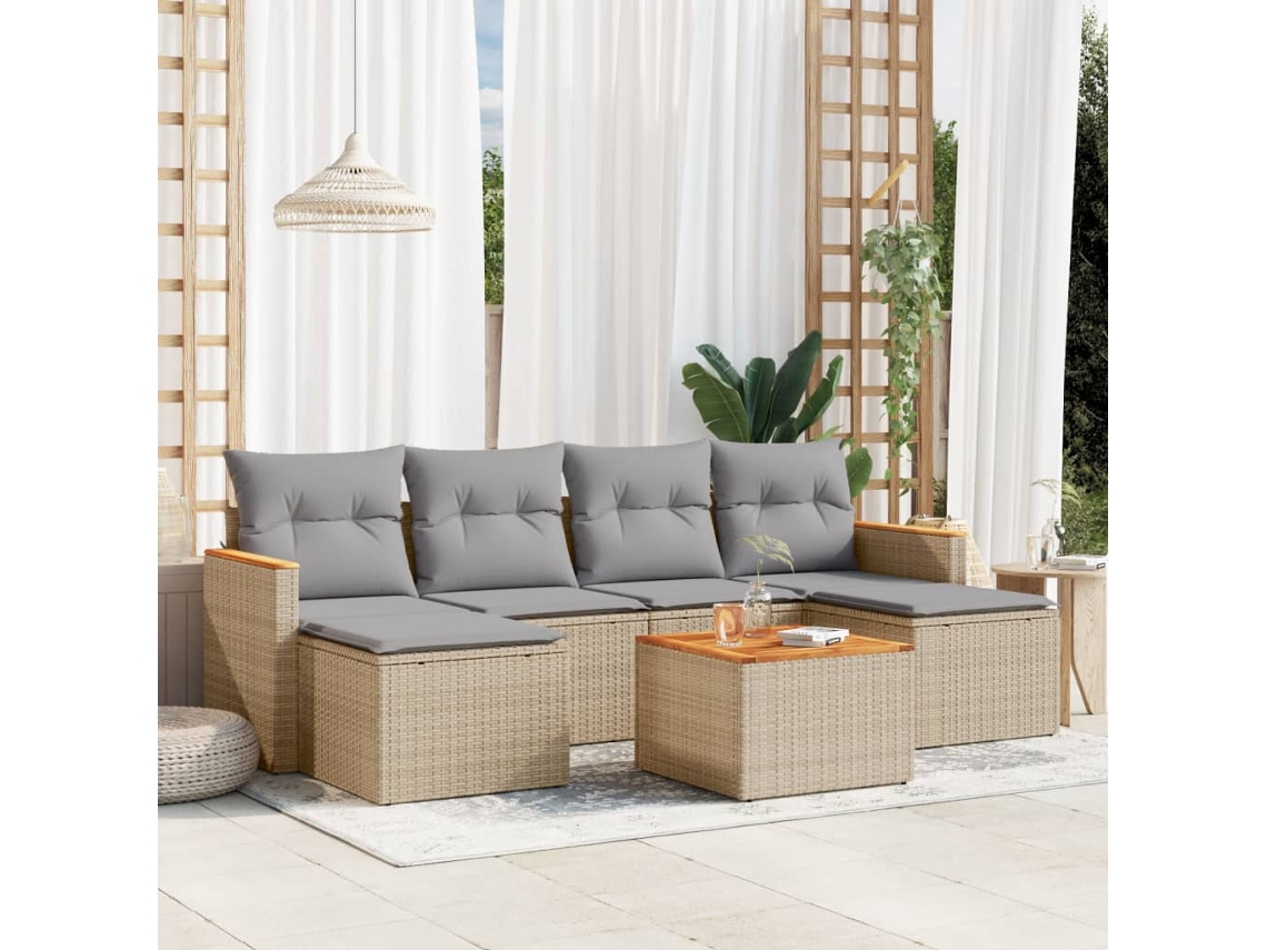 Conjunto de sofá de jardín de 7 piezas con cojines, mimbre beige mixto, DKD Home Decor