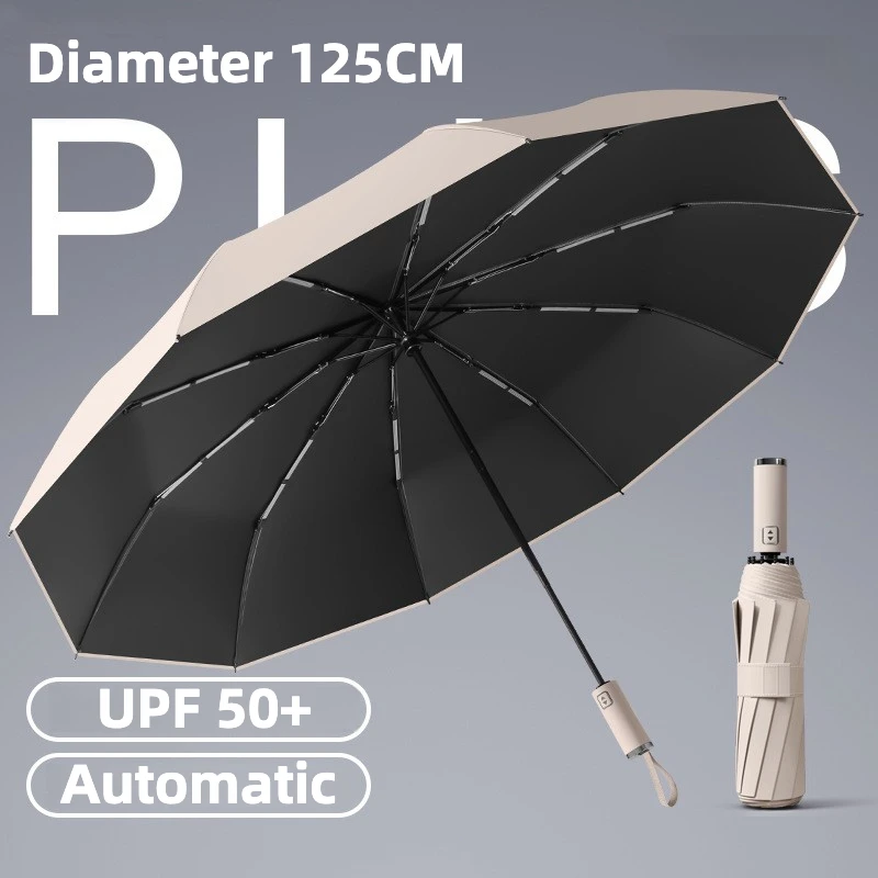 (beige, 10k) Paraguas Plegable Automático Grande De 125 Cm, Resistente Al Viento, Con Protección Solar Upf50+ Y Protección Uv.