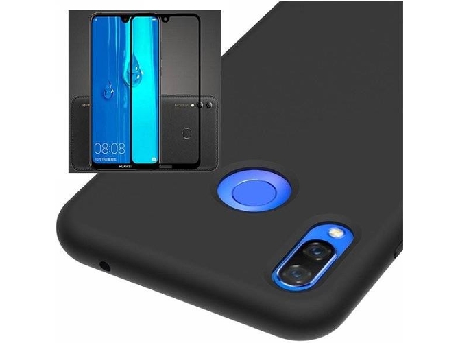 Kit Carcasa y Protector de Cristal 5D Full Cover Huawei P Smart+ 2019 Silicona Negro