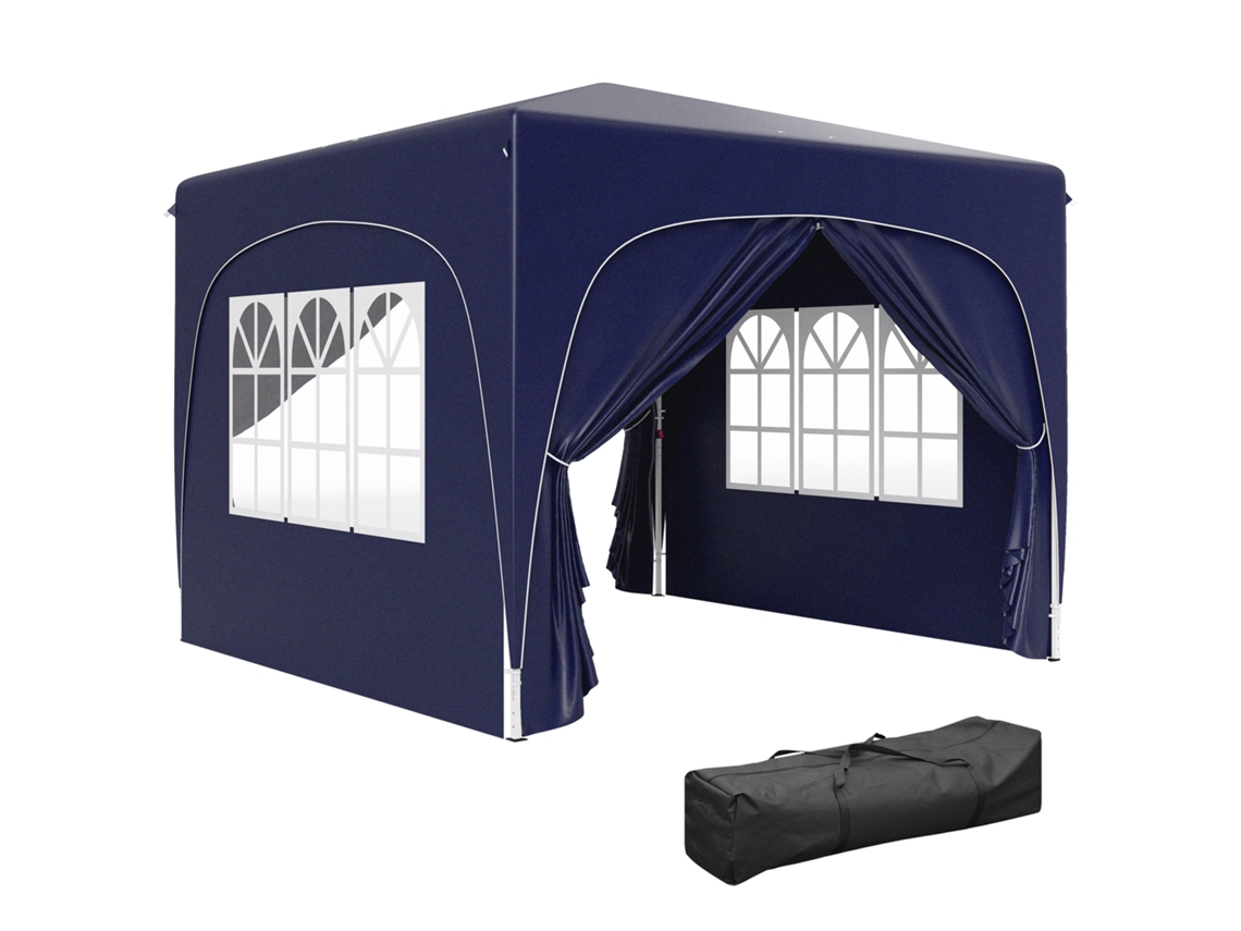 Cenador plegable de 3x3 m con paneles laterales, protección UPF50, altura ajustable, color azul oscuro.