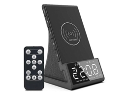 Radio despertador de mesita de noche con cargador USB, altavoz Bluetooth, carga inalámbrica Qi y pantalla LED.