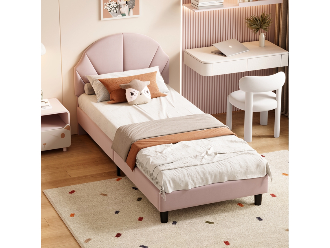 Cama Doble Tapizada, 90 X 190 Cm, Cama Juvenil, Con Cabecero Regulable En Altura, De Terciopelo, Sin Colchón, Color Rosa.