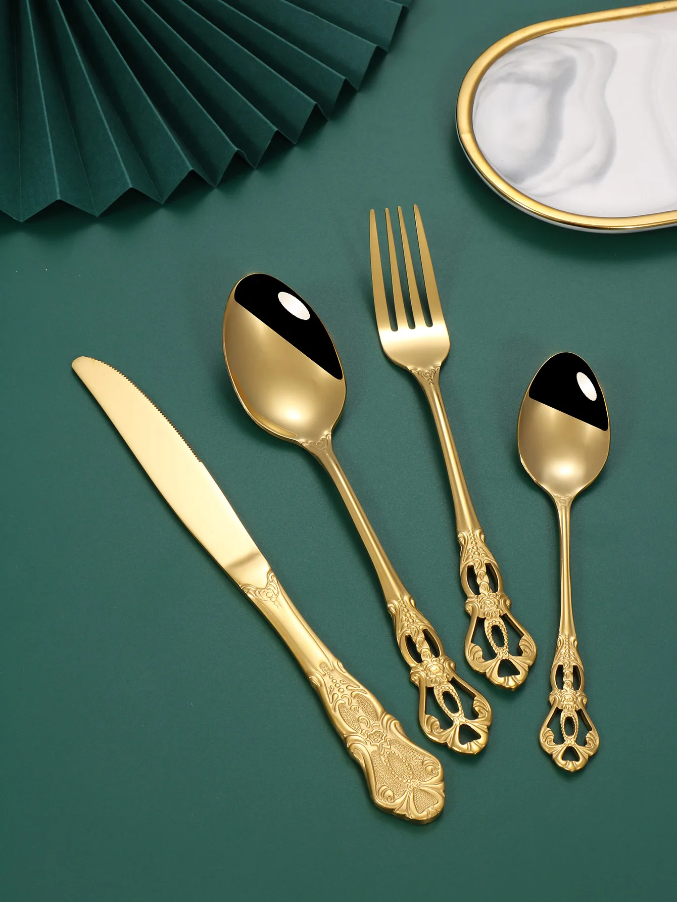 Vajilla De Acero Inoxidable (dorada), Utensilios De Alta Gama Para Banquetes De Bodas Reales.