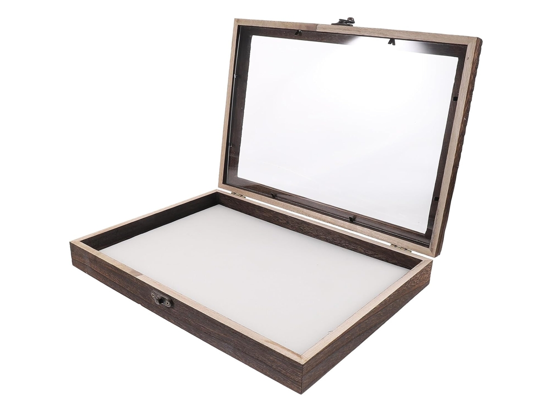 Caja Para Muestras De Madera De Pino De 31 X 22 X 4 Cm Con Marco De Vitrina Transparente Y Cojín Blanco.
