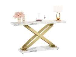 Mesa consola con tablero de imitación mármol y estructura metálica robusta, color dorado.
