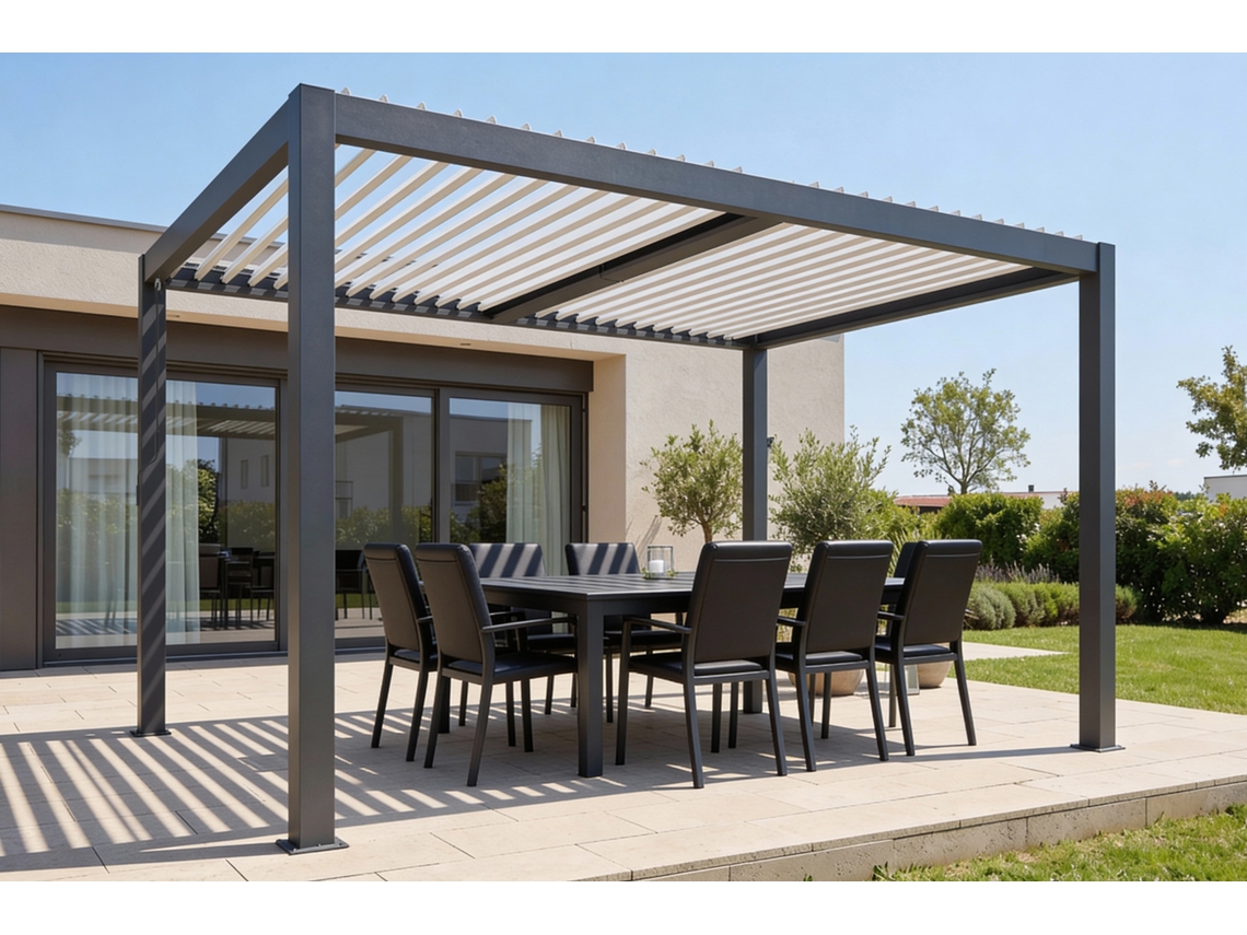 Pérgola Bioclimática Independiente Agosta 4x3, 250cm de Alto - Aluminio Gris con Lamas B