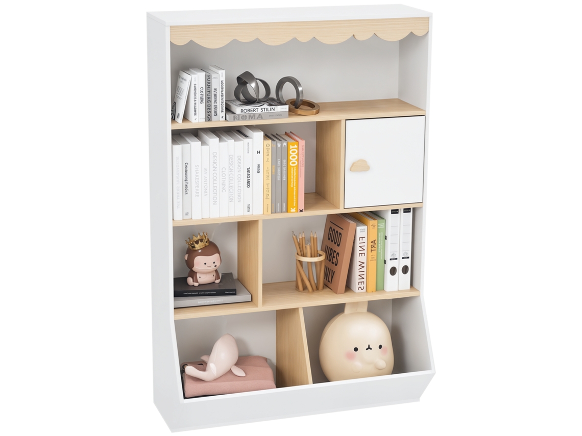 Estantería infantil para guardar libros infantiles, mueble de juguete con 4 estantes, 2 armarios y un ropero.