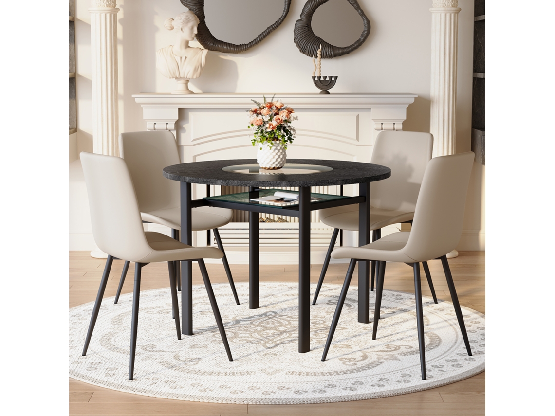 Conjunto De Comedor Redondo 100 Cm - 4 Sillas Gris Cálido Pu Con Asiento Cómodo - Negro/marrón