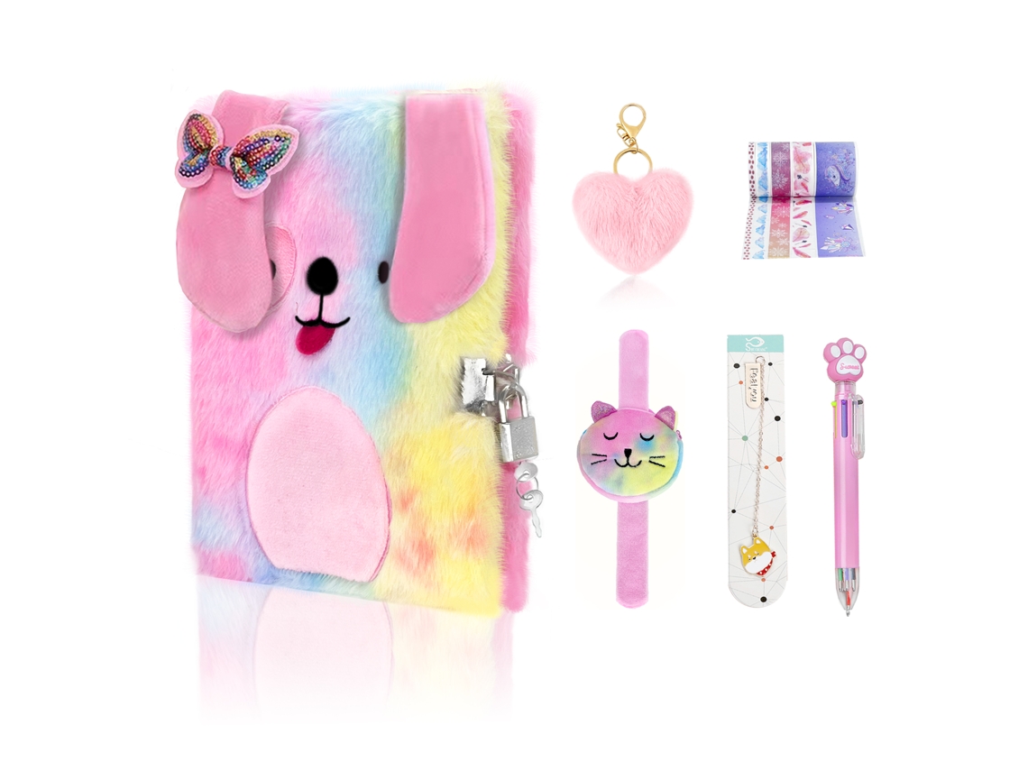 Diario infantil con cordón y llave, ideal para excursiones escolares. Set de útiles escolares con diseño de perrito.