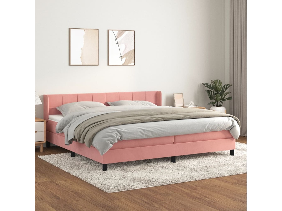 Cama Box Spring Con Colchón Terciopelo Rosa 200x200 Cm