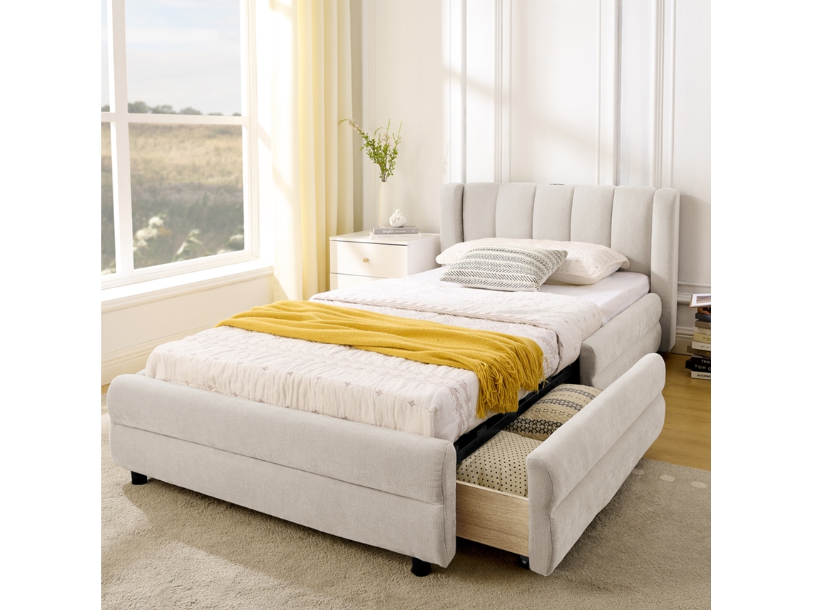 Cama Individual De 90x200 Cm De Chenilla Beige Con Almacenamiento Lateral Y Puerto Usb, Cama Para Invitados