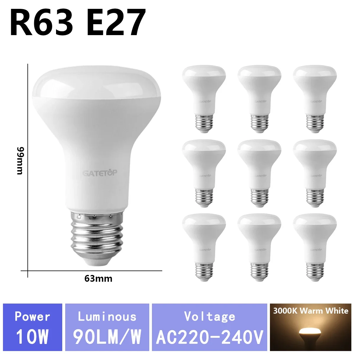 (r63 3000k, Ac220v-240v) 10 Bombillas Led De Alto Brillo, Aptas Para Iluminación De Baño, Sin Parpadeo, Para Uso Doméstico.