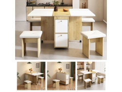 Juego De Mesa De Comedor Con 4 Sillas - Mesa Plegable Con 2 Cajones 140*80*75cm - De Tablero De Partículas - Blanco Y Dorado