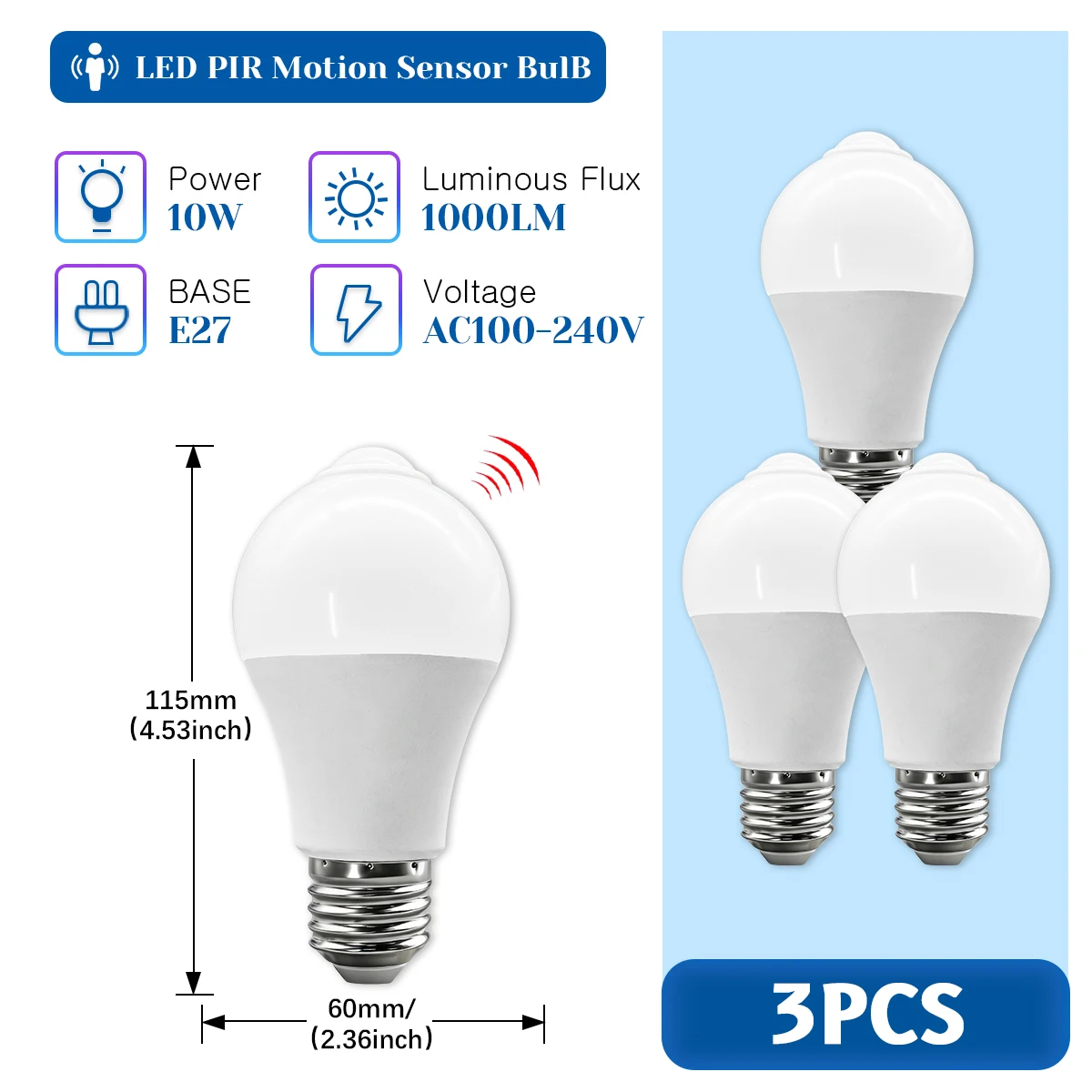 Bombillas Led Con Sensor De Movimiento Pir (3 Bombillas, Blanco Cálido 3000k), Adecuadas Para Pasillos Y Entradas Del Hogar.