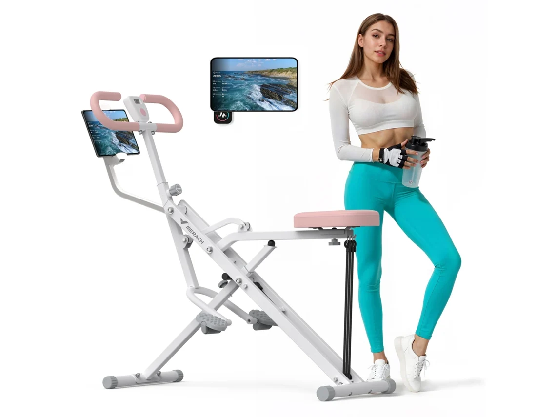 Máquina de Sentadillas y Remo MERACH, Resistencia Ajustable, Plegable, LCD, Soporte para Móvil, 160 kg, para Abdominales, Piernas, Caderas, Blanco