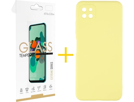 Funda y Protector de Vidrio 1x Samsung Galaxy A22 5G SKYHE Silicona Líquida Amarillo