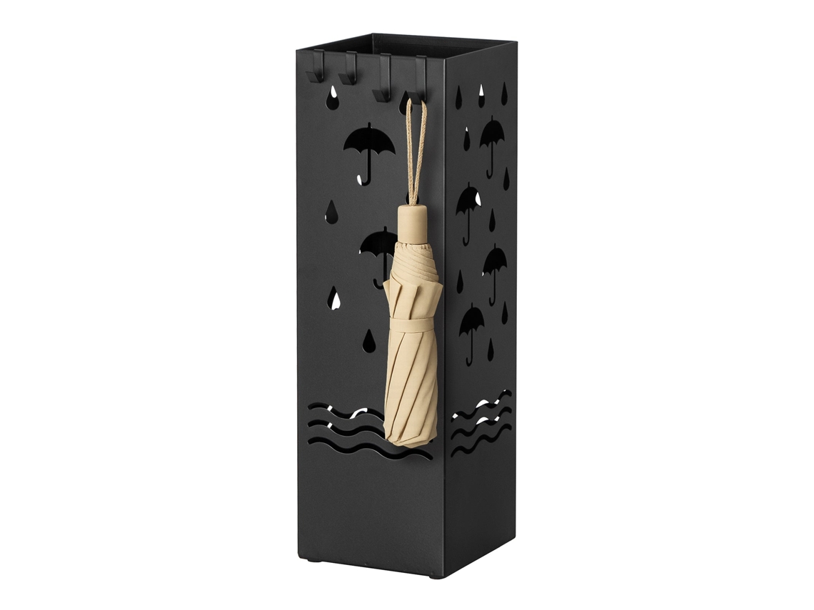 Todeco Paragüero Metálico, Con 4 Ganchos Y Bandeja De Goteo Extraíble, Soporte De Paraguas Decorativo Moderno, Base Antideslizante, 15,5x15,5x49 Cm