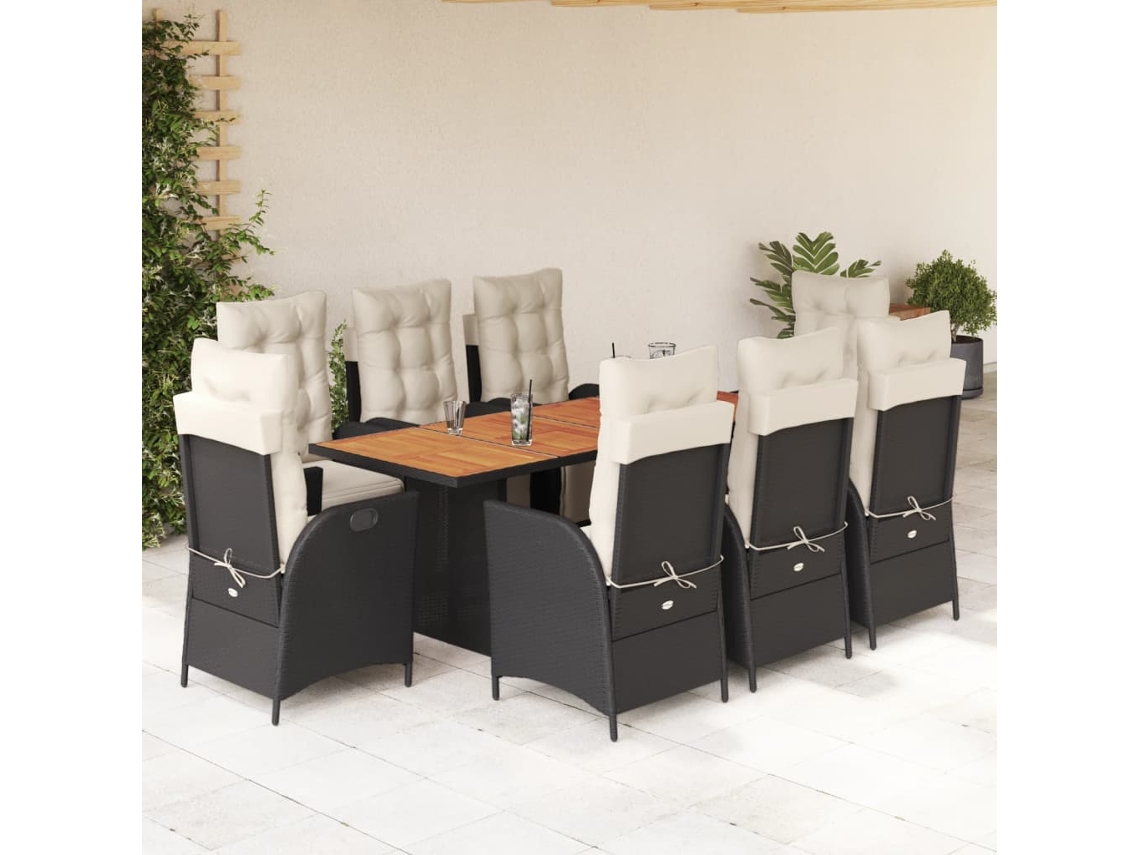 Juego de comedor de jardín de 9 piezas con cojines de mimbre negros de DKD Home Decor