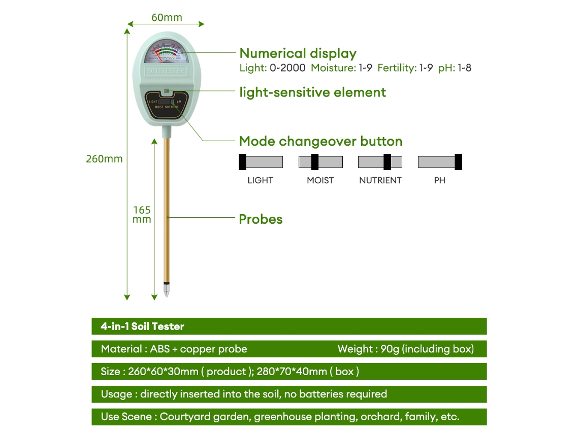 Medidor Digital De Suelo Lcd 4 En 1 Para Ph, Humedad, Luz Y Nutrientes: Herramienta Para Jardines, Huertos E Invernaderos.