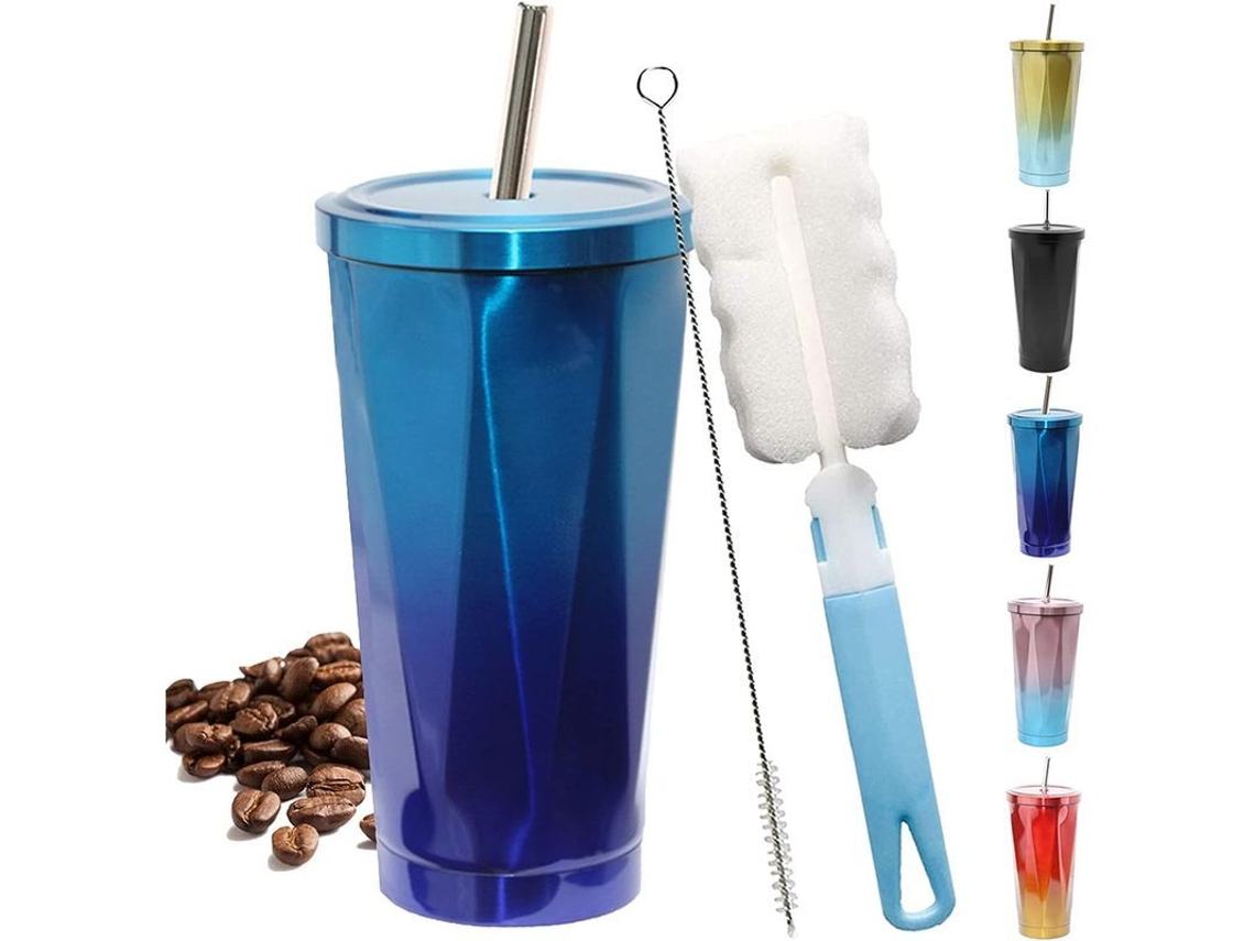 2026-taza De Café Con Pajita, Aislada Al Vacío, 500ml Azul, Con Cepillo De Limpieza Y Cepillo Para Pajita