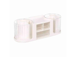 Portalápices giratorio de 360 grados con 2 compartimentos y cajón blanco transparente.