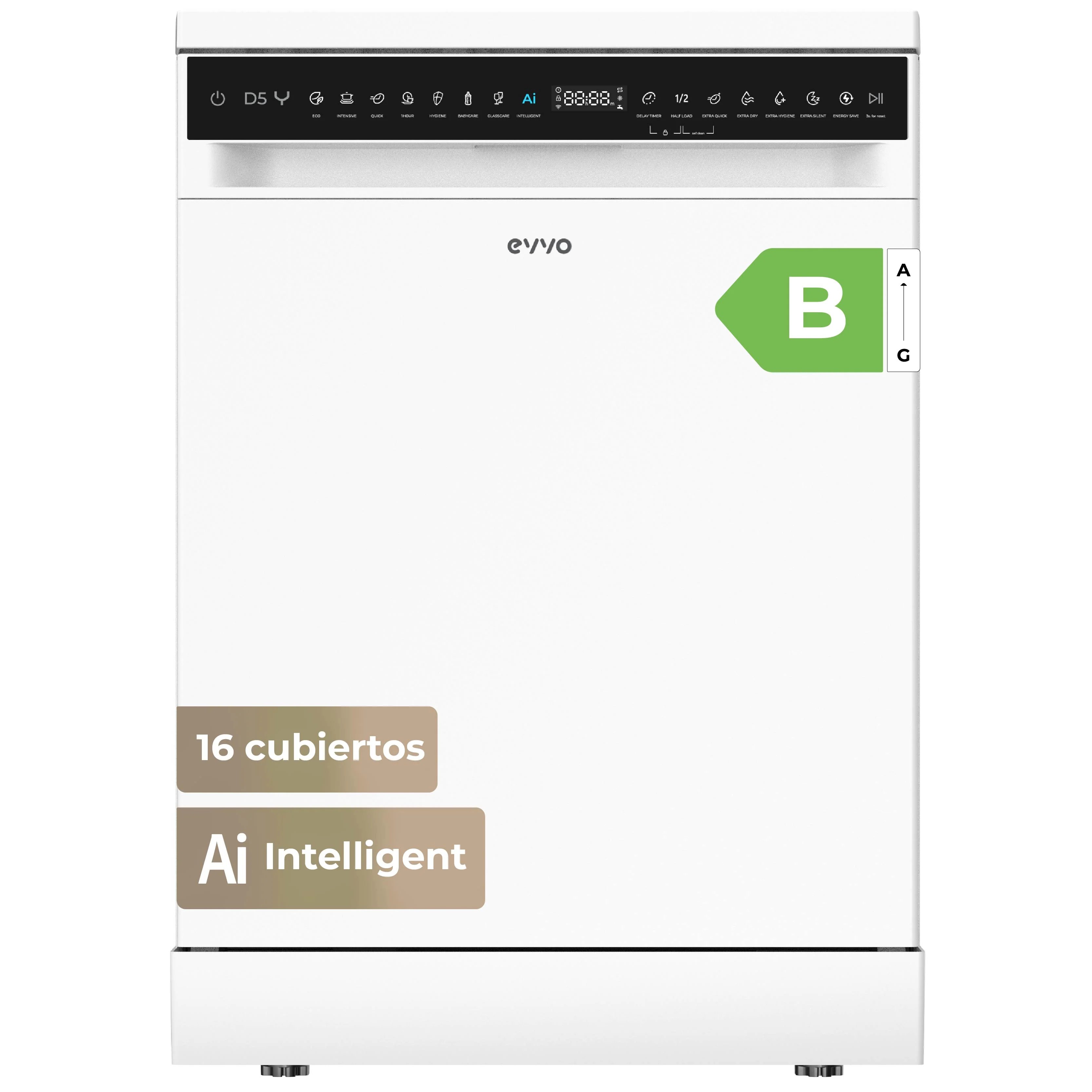 Lavadora Evvo D5y, 16 cubiertos, Clase B, 45 dB, 8 programas, instalación gratuita.
