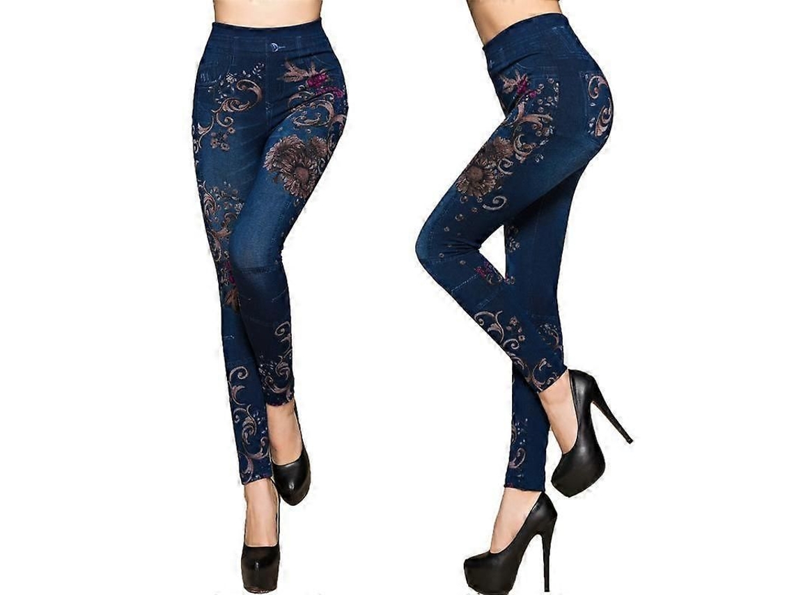 Pantalones Leggings Falsos Vaqueros Mujer Estampado Floral Casual Talla Xl Azul Poliéster