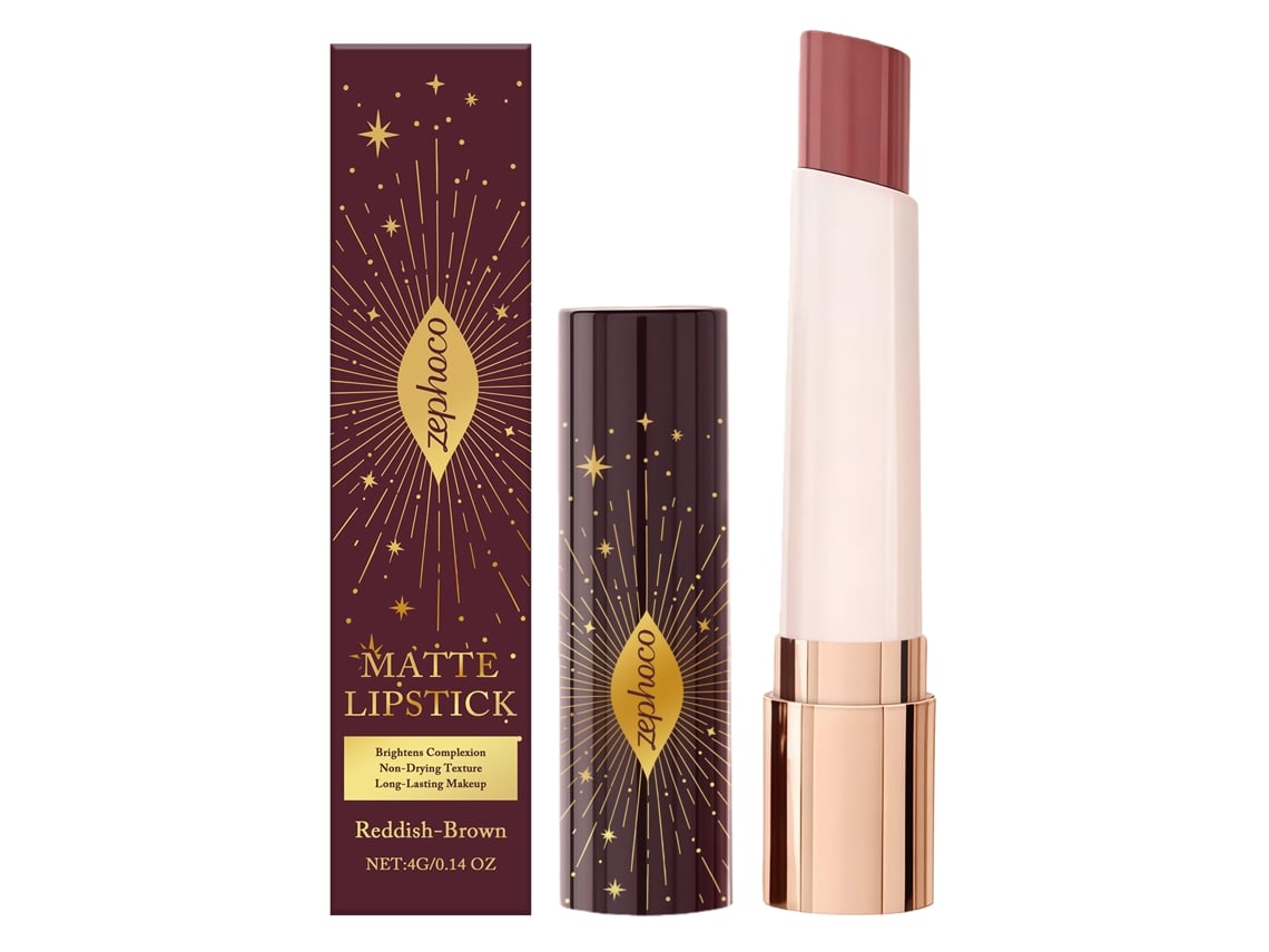 Barra de labios mate color marrón caoba estrellado