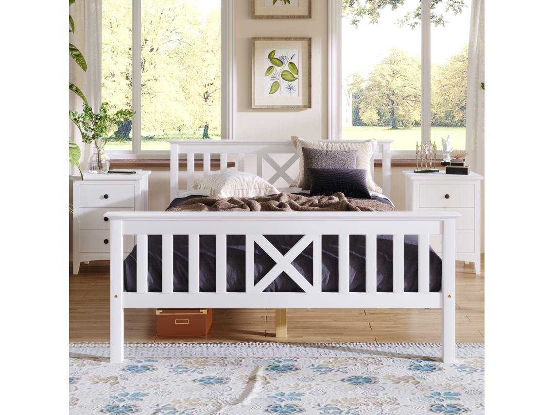 Cama Infantil Doble Blanca, 140x200 Cm, Pino Macizo, Somier De Láminas.