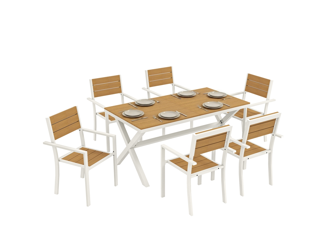Conjunto de jardín de 7 piezas, aluminio con efecto de madera de teca.