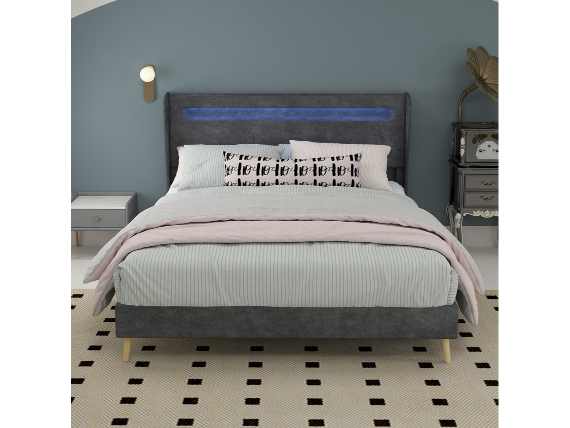Cama Led 140x200 Terciopelo Gris Luz Suave Moderna