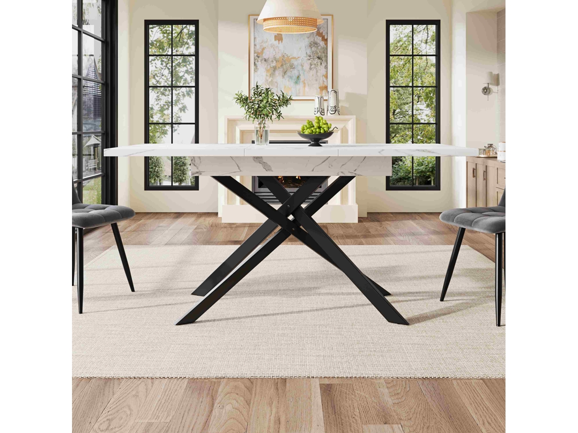 Mesa de comedor extensible de 120 a 160 cm con patas de metal cruzadas negras y tablero de MDF jaspeado blanco Mobrio.