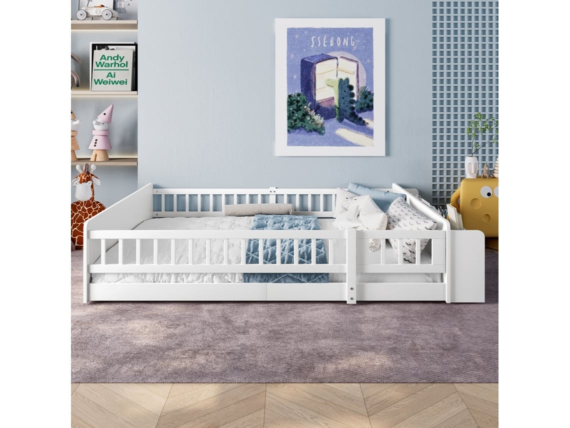 Cama infantil 140 x 190 cm - Madera maciza - Con almacenaje - Con 1 puerta - Blanco (colchón no incluido)