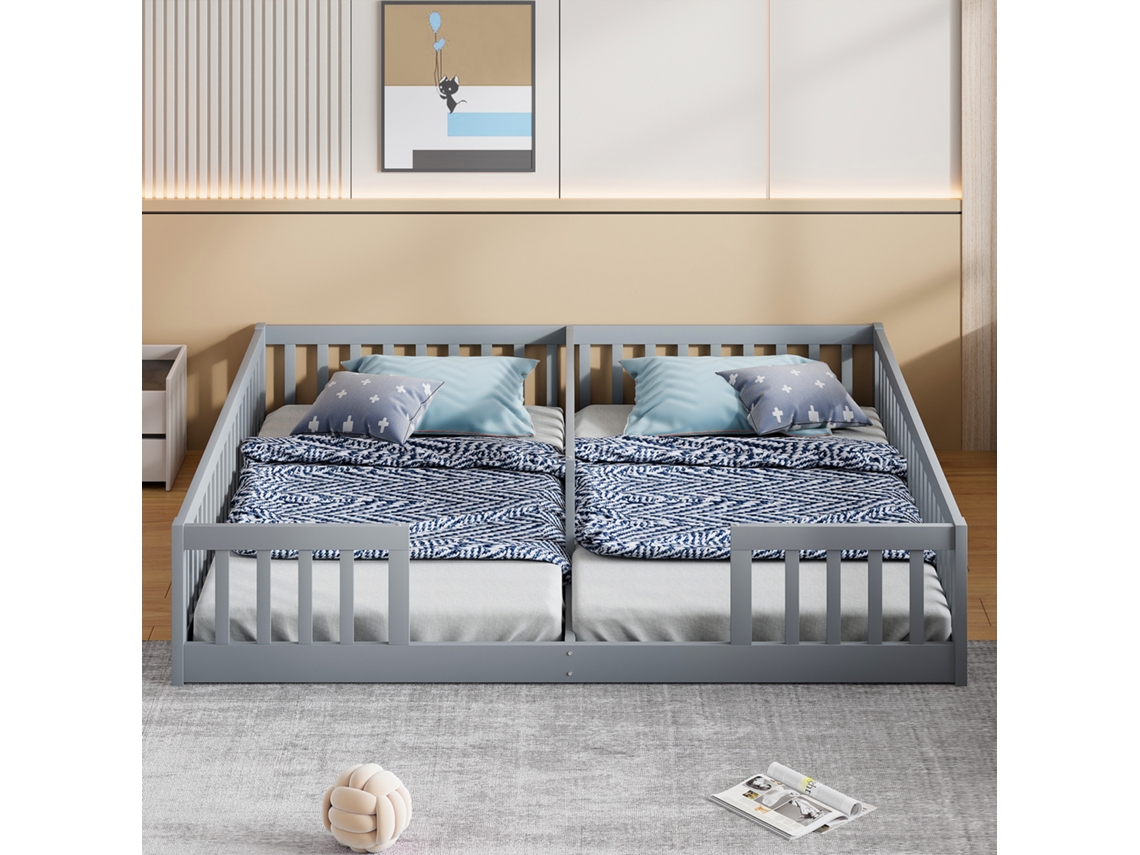 Cama Infantil De Madera De Pino De 90x200 Cm Con Barandilla Para 2 Niños, Color Gris.